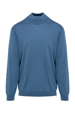 Jumper with turtleneck in wool, silk and cashmere blue for men