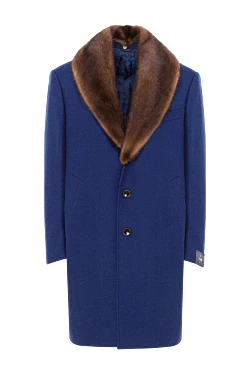 Пальто-честерфилд шерстяное синее с контрастным шалевым воротником мужское
