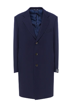 Пальто классическое шерстяное синее с контрастным меховым шалевым воротником мужское