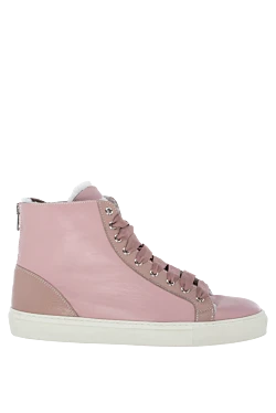 Pink leather and fur sneakers for women