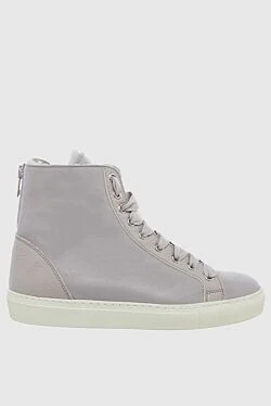 Gray leather and fur sneakers for women