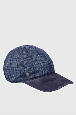 Cap made of wool, silk and genuine leather blue for men