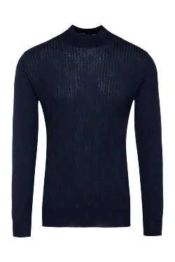 Men's jumper with a high stand-up collar, cashmere and silk, blue