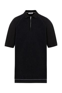 Black cotton polo shirt with a structured relief pattern for men