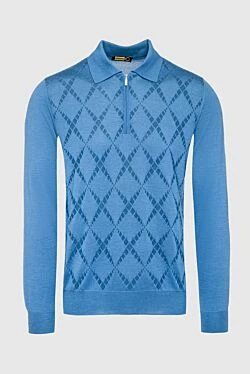 Silk and cashmere long sleeve polo blue for men