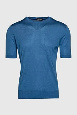 Short sleeve jumper in silk and cotton blue for men