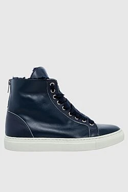 Blue leather and fur sneakers for women