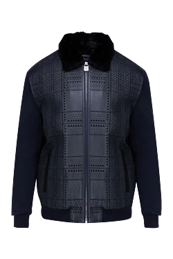 Куртка кожаная синяя декорирована фактурным узором и меховым воротником мужская