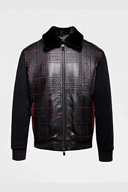 Куртка кожаная черная декорирована фактурным узором и меховым воротником мужская