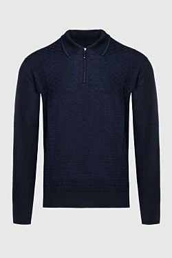 Поло с длинным рукавом в темно синем цвете с фактурным передом и застежкой на молнию