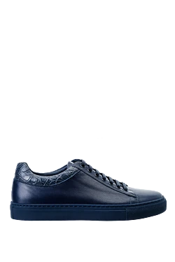 Сникеры чёрные кожаные с крокодиловым задником синие