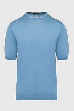 Short sleeve jumper in silk and cotton blue for men