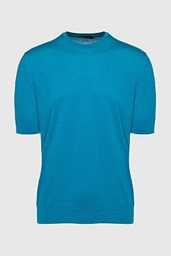 Short sleeve jumper in silk and cotton blue for men