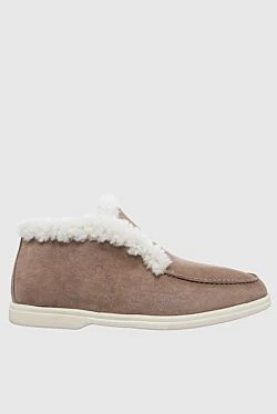 Brown suede and fur loafers for women