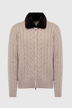 Men's cardigan made of wool and natural fur, beige