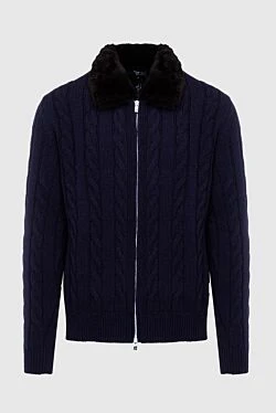 Men's cardigan made of wool and natural fur, blue