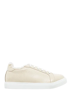 Beige leather and fur sneakers for women