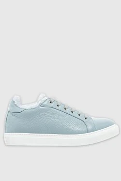 Blue leather and fur sneakers for women