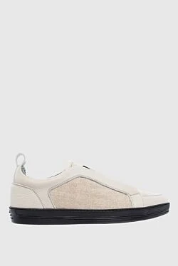 Beige leather and textile sneakers for men