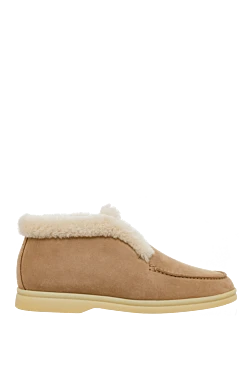 Beige nubuck and fur loafers for women