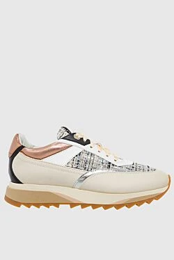 Beige leather and textile sneakers for women