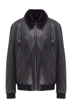 Куртка кожаная на меху с отложным воротником синяя мужская