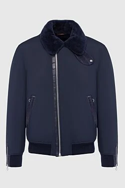 Куртка-авиатор синяя на меху с вставками из кожи крокодила мужская