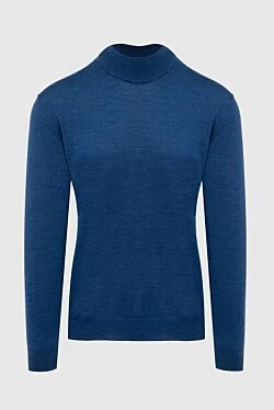 Men's jumper with a high stand-up collar made of wool, blue