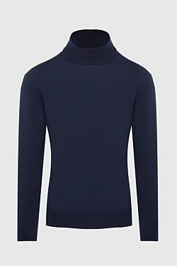 Men's jumper with a high stand-up collar made of wool, blue