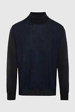 Men's jumper with a high stand-up collar, cashmere and silk, blue