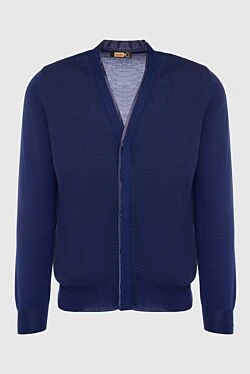 Men's cardigan made of cashmere, silk and genuine leather, blue