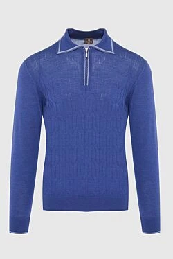 Wool, silk and cashmere long sleeve polo blue for men