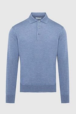 Blue Wool Long Sleeve Polo for men