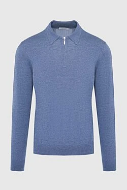 Blue Wool Long Sleeve Polo for men