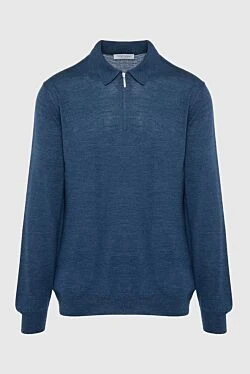 Wool silk long sleeve polo blue for men