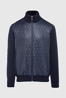 Men's cardigan made of cashmere, natural fur and genuine leather blue