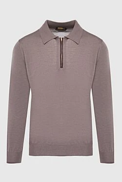 Long sleeve polo shirt in silk, cashmere and crocodile skin brown for men