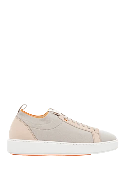 Beige leather and textile sneakers for women