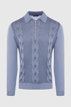 Long sleeve polo shirt in silk, cashmere and crocodile skin blue for men