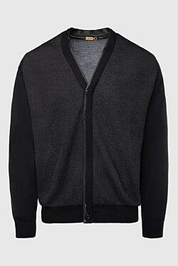 Men's cardigan made of cashmere, silk and genuine leather, black