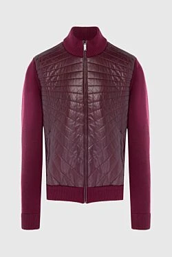 Men's cardigan made of cashmere and genuine leather, burgundy