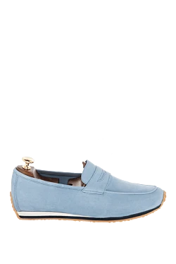 Голубые замшевые лоферы мужские с бело-синей подошвой
