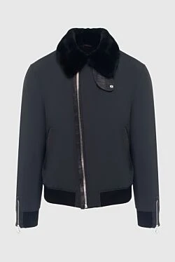 Куртка-авиатор синяя с меховым воротником и вставками из кожи крокодила мужская