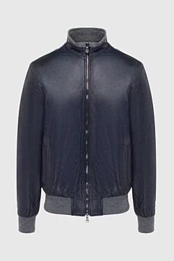 Куртка кожаная темно-синяя с контрастными эластичными вставками мужская