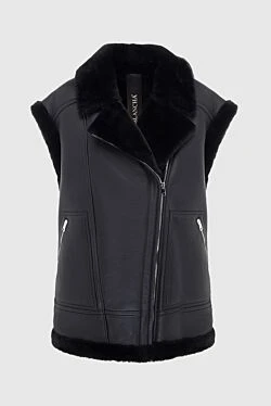 Black leather and fur vest for women