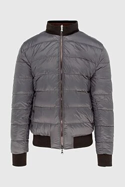 Серая мужская кожаная куртка с объёмной простёжкой и воротником-резинкой