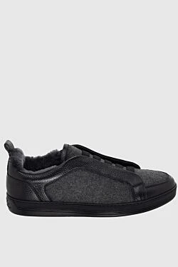 Gray wool, leather and fur sneakers for men