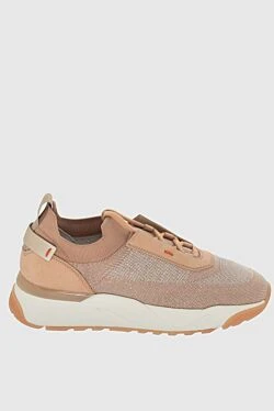 Beige leather and textile sneakers for women