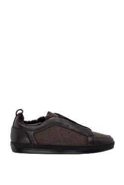 Men's brown calfskin and wool sneakers