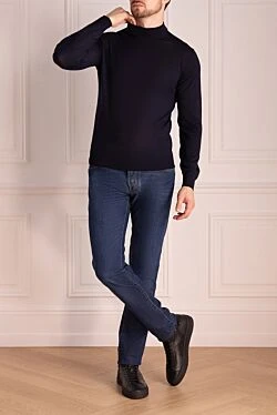 Men's jumper with a high stand-up collar made of wool, blue